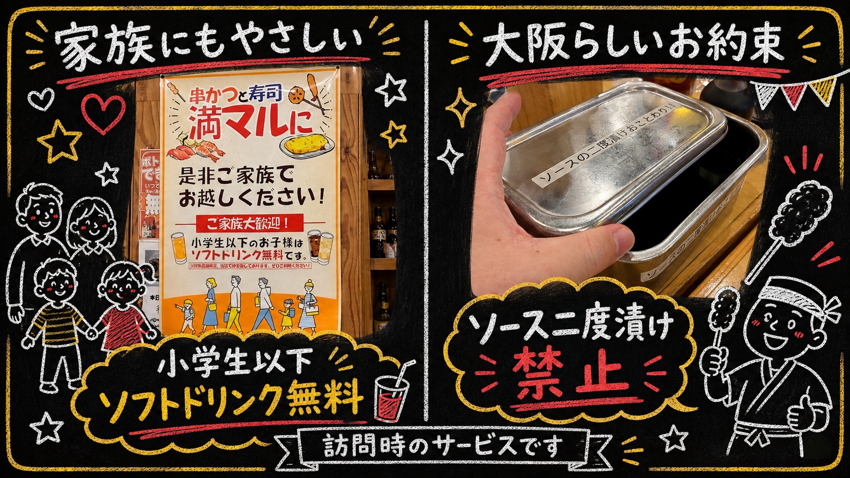 小学生以下のソフトドリンク無料案内とソース二度漬け禁止を示す図解