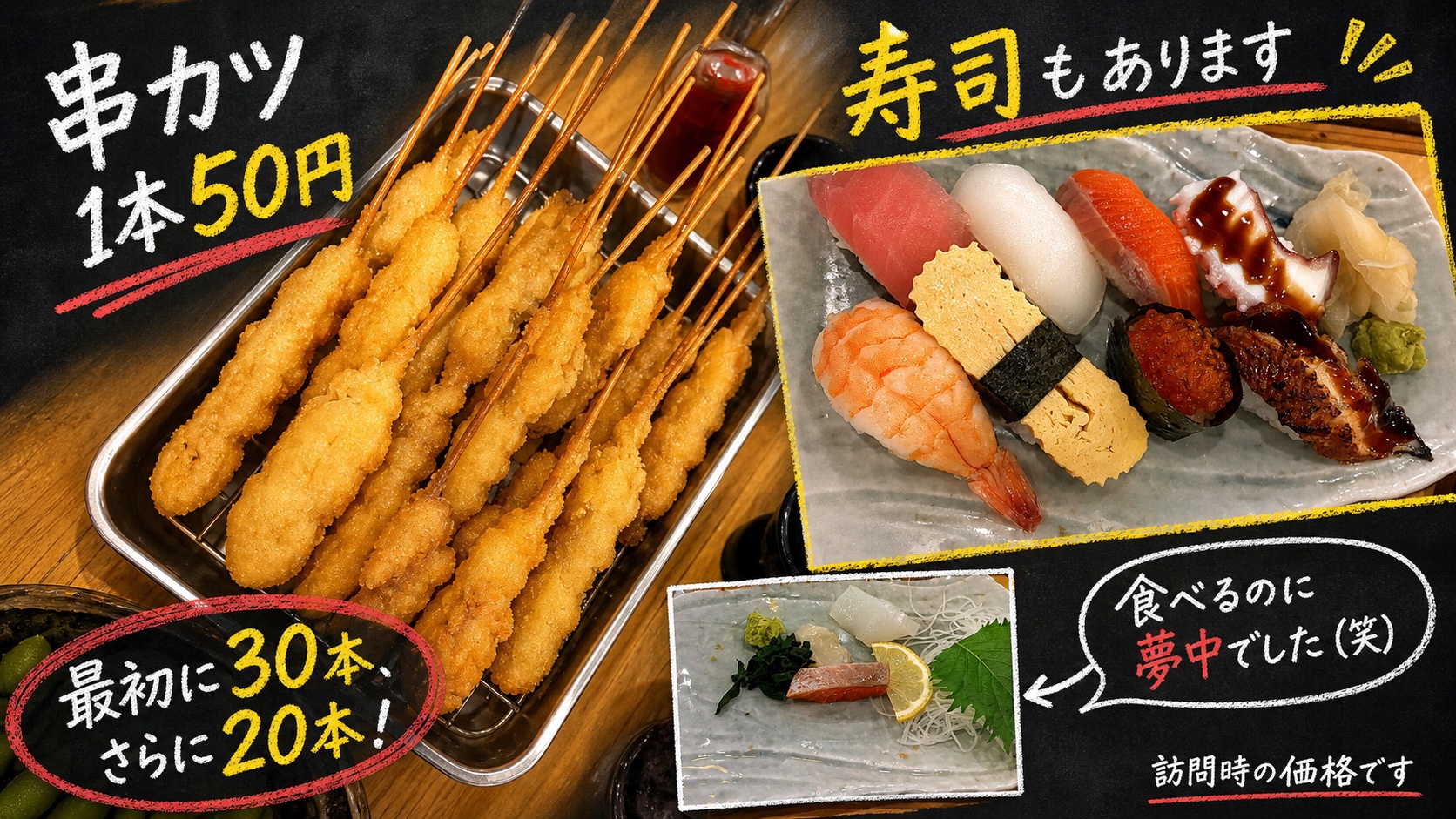 訪問時1本50円の串カツと寿司、食べ進めた刺身皿の写真コラージュ