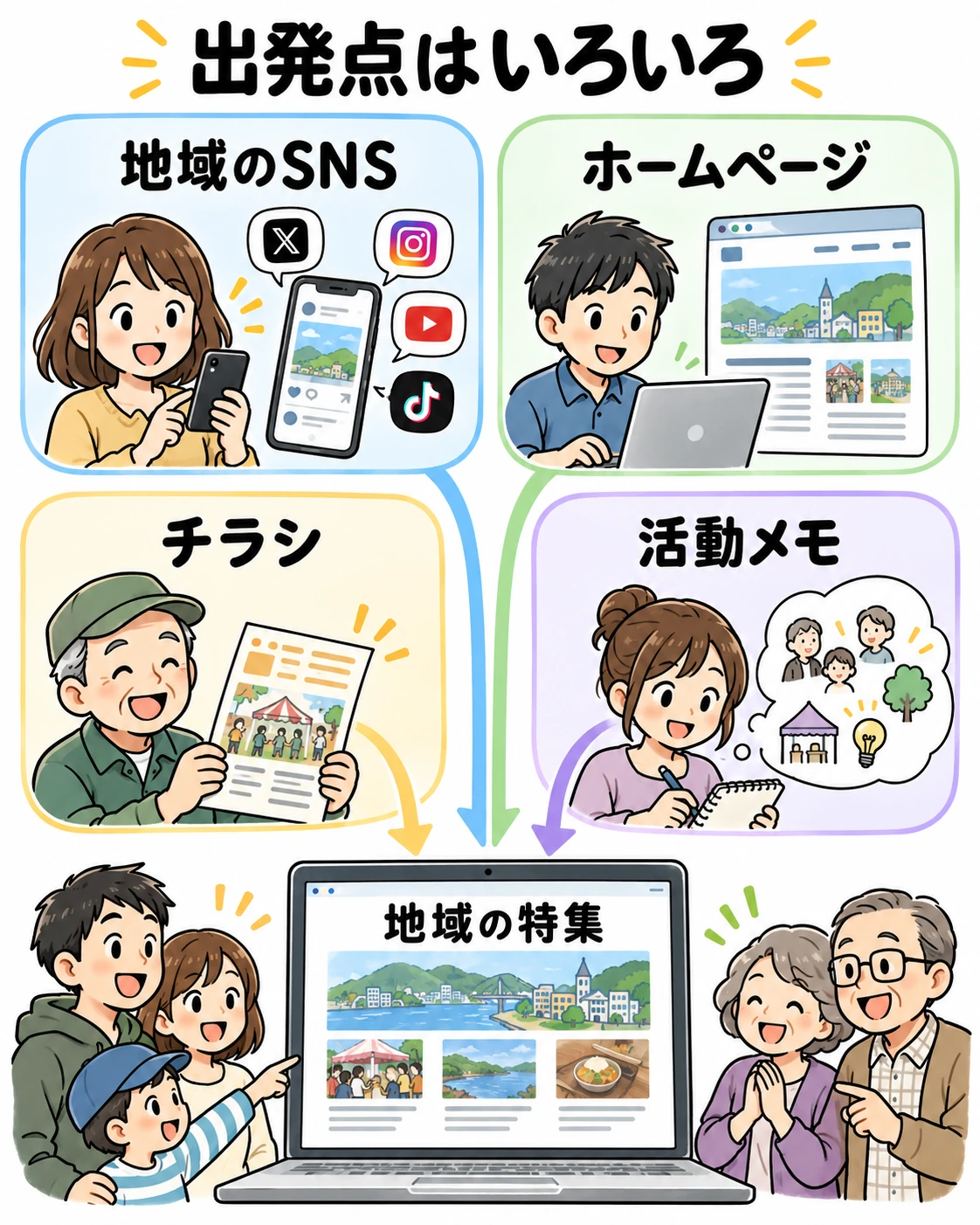 地域のSNS、ホームページ、チラシ、活動メモから地域紹介を始める図解