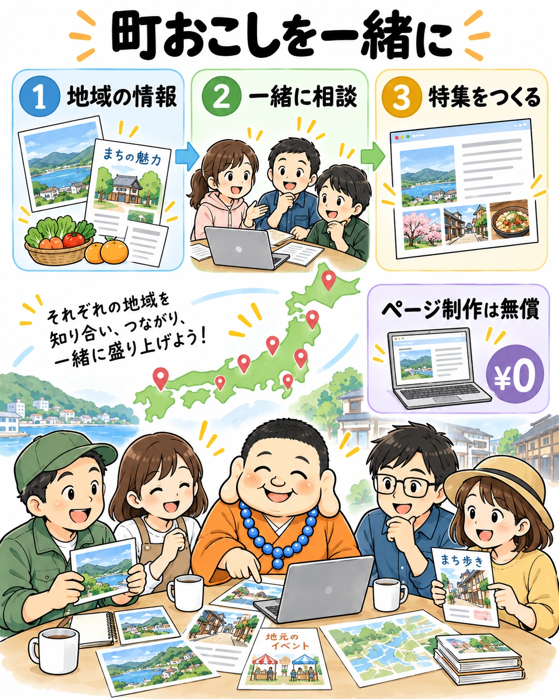 いけちゃんと地域の活動者が情報を持ち寄り、一緒に町おこしの特集ページを考える図解