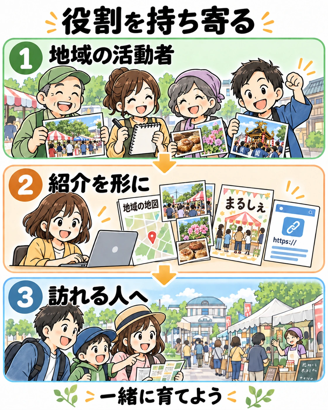 地域の活動者が材料を持ち寄り、制作側が紹介を形にして、訪れる人へ届ける役割