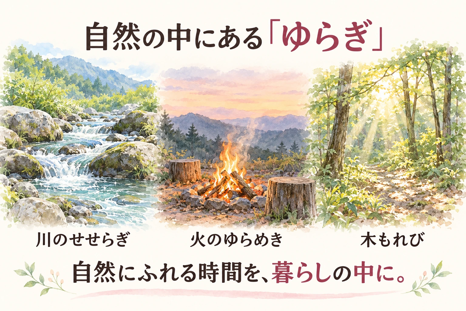 川のせせらぎ、火のゆらめき、木もれび。自然のゆらぎを描いたイラスト