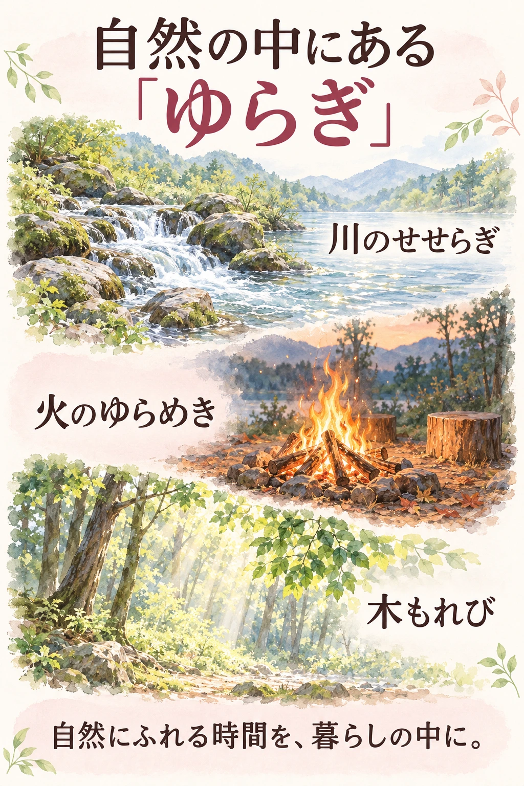 川のせせらぎ、火のゆらめき、木もれび。自然のゆらぎを描いたイラスト