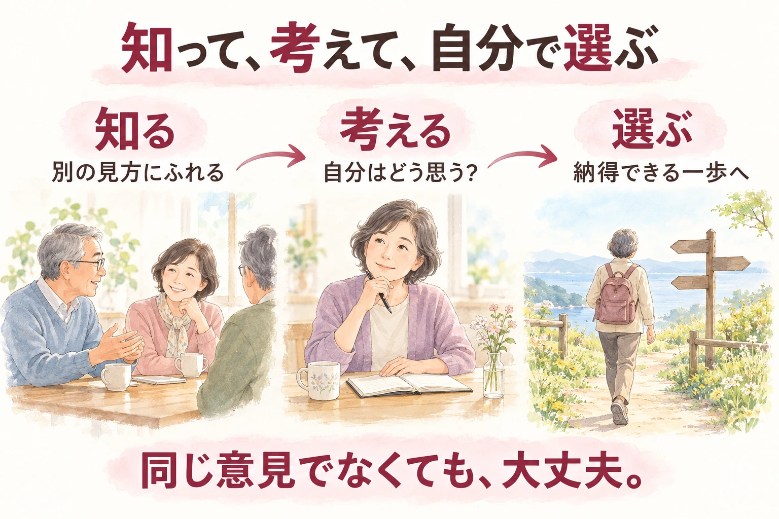 別の見方を知り、自分の考えを確かめ、納得できる一歩を選ぶ流れ
