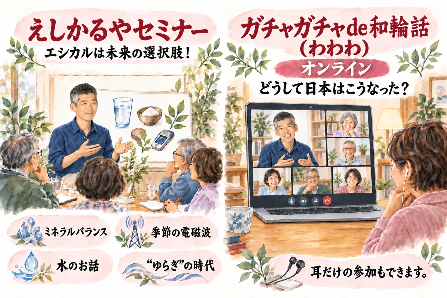 福原さんによるえしかるやセミナーと、画面越しに参加するガチャガチャde和輪話のオンライン歴史トークを描いた説明図