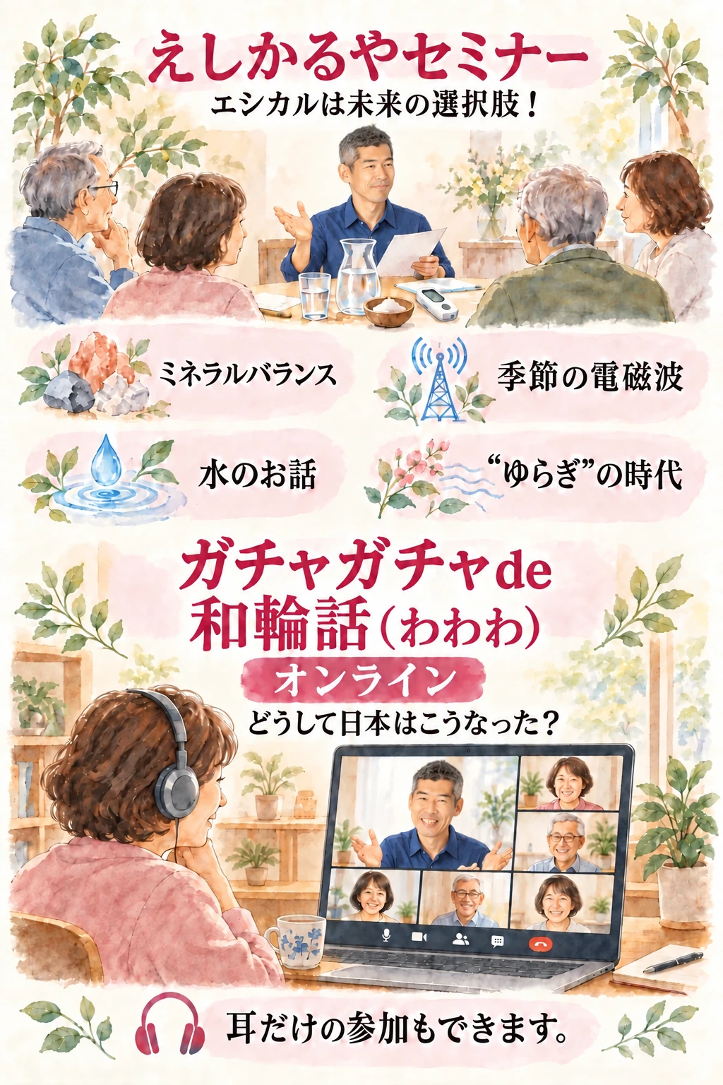 福原さんによるえしかるやセミナーと、画面越しに参加するガチャガチャde和輪話のオンライン歴史トークを描いた説明図