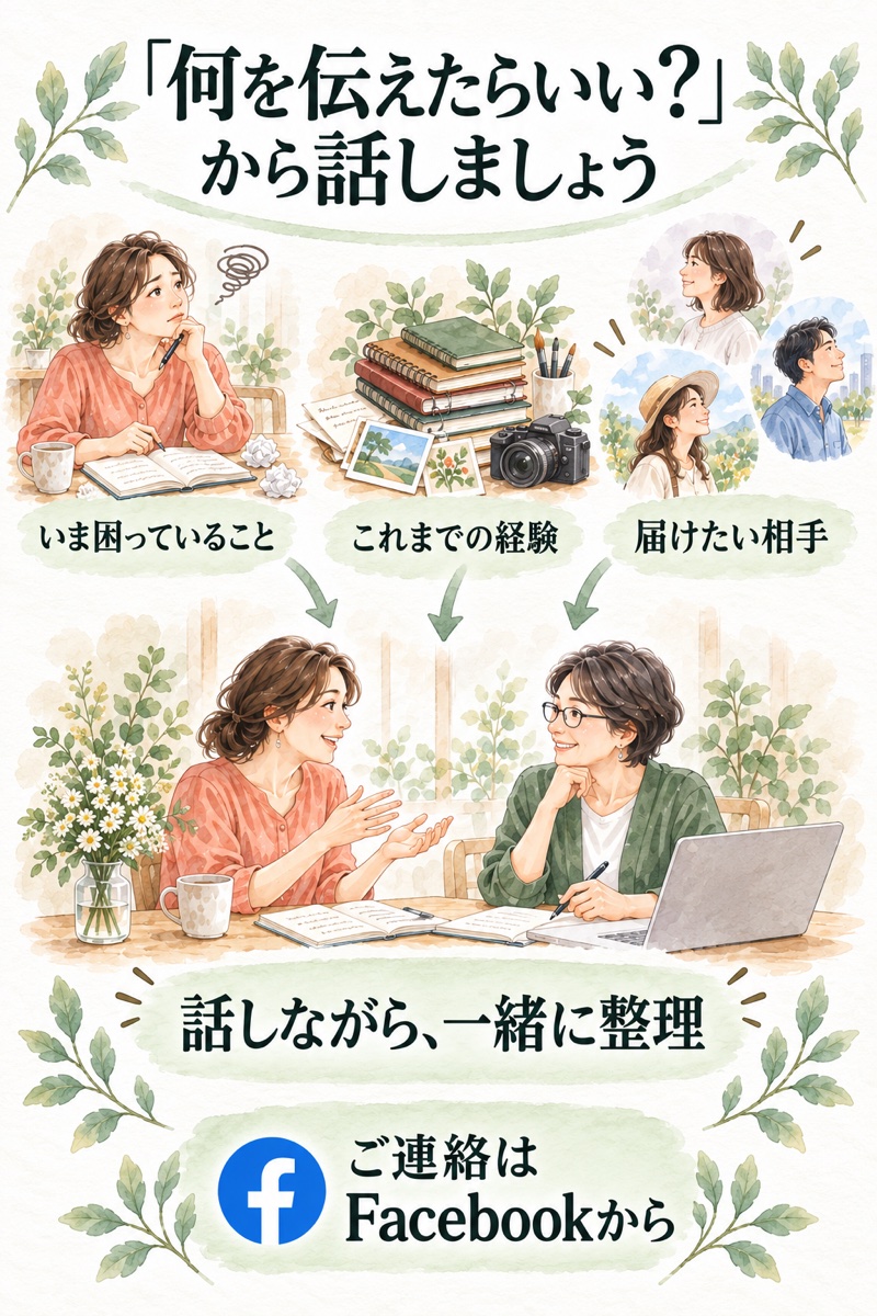 いま困っていること、これまでの経験、届けたい相手を話しながら一緒に整理。ご連絡はFacebookから
